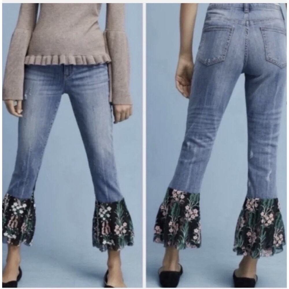 Pilcro x Anthropologie Flare Flounce Floral Hem Bell Bottom Jeans Size 27
